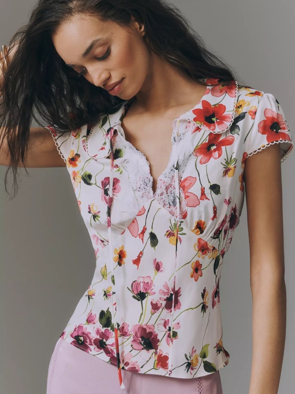 By Anthropologie Silken Peter Pan Collared Blouse in Blush Floral Print NWT